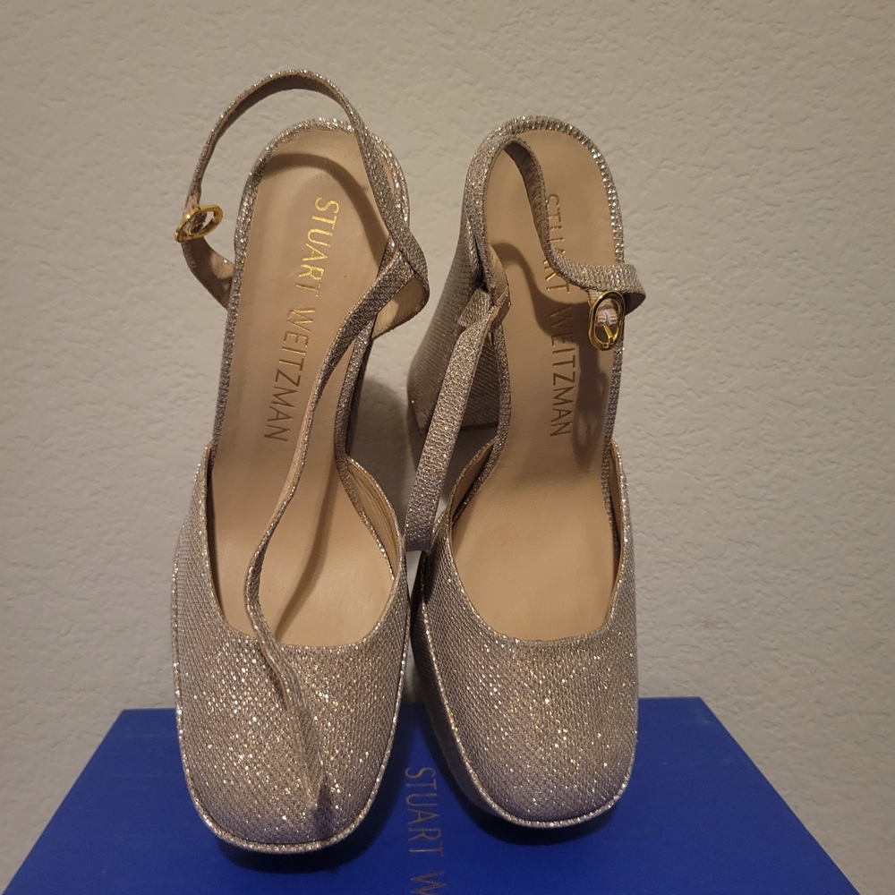 Stuart Weitzman Gold Glitter Platform Slingback H… - image 5